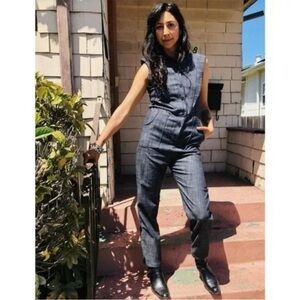 Nooworks Julia Jumpsuit Ruffle Denim Chambray Straight Leg Button Women’s Size L